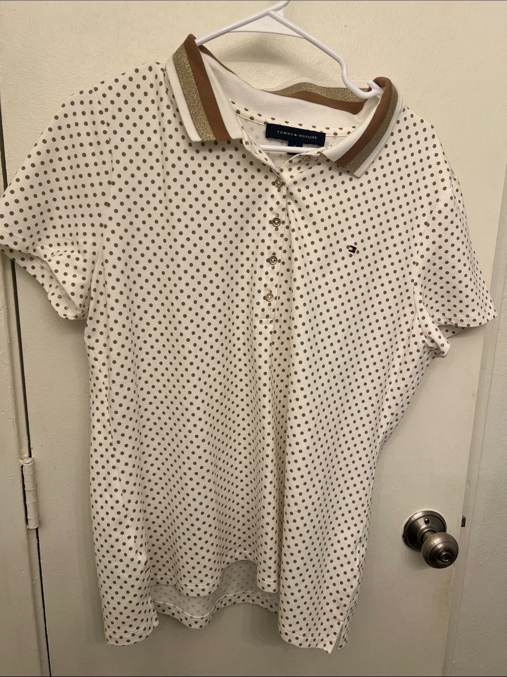 Women’s Tommy Hilfiger White Polo with Brown Dot Print and Striped Collar